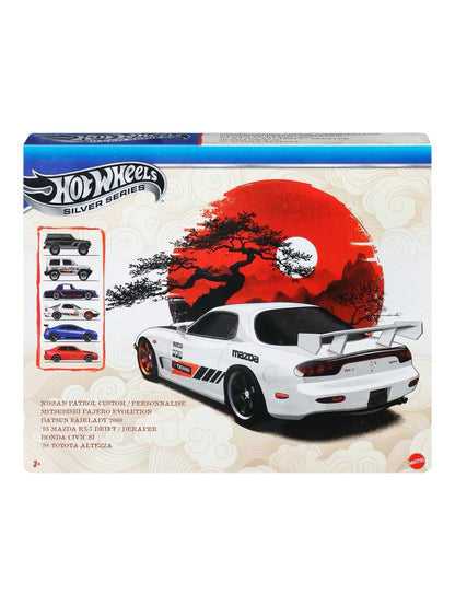 HotWheels Silver Series Set Of 6 Diecast Model Car Imported 1:64 Scale Nissan Patrol Custom, Mitsubishi pajero evolution, Datsun Fairlady 2000 , 95 Mazda RX-7 Drift , Honda civic Si, 98 Toyota Altezza
