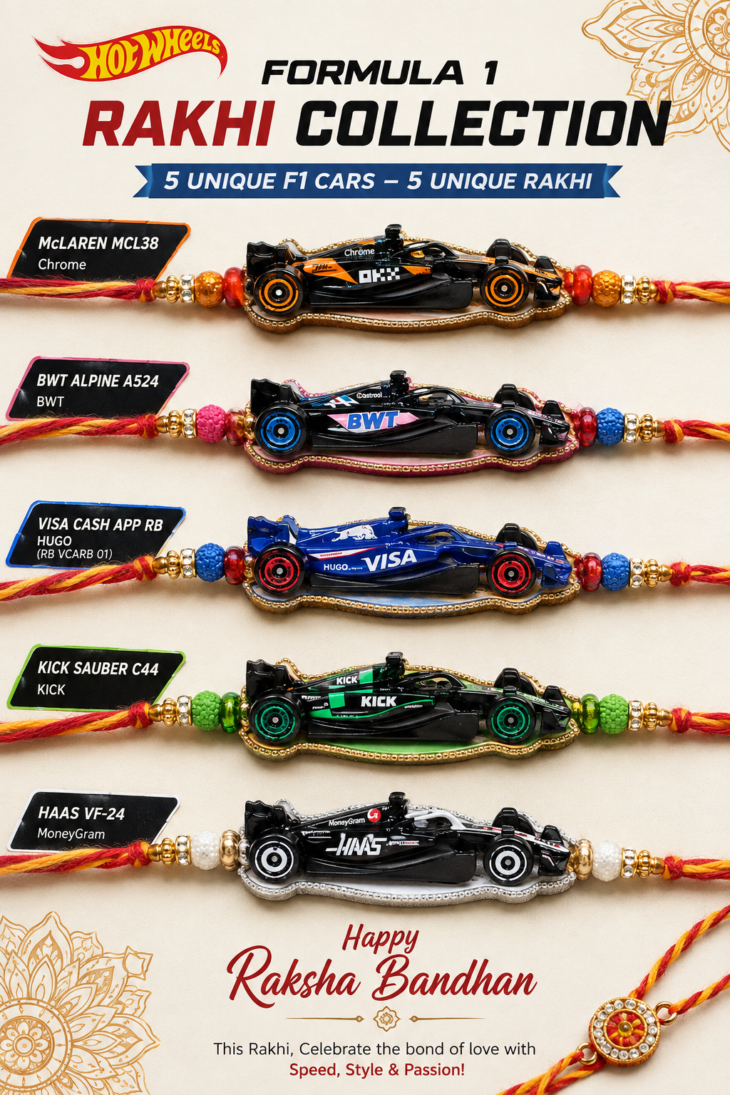 Hotwheels Formula 1 Rakhi – 2024 & 2025 Collection | 5 Cars / 10 Cars Pack | Select Your Variant