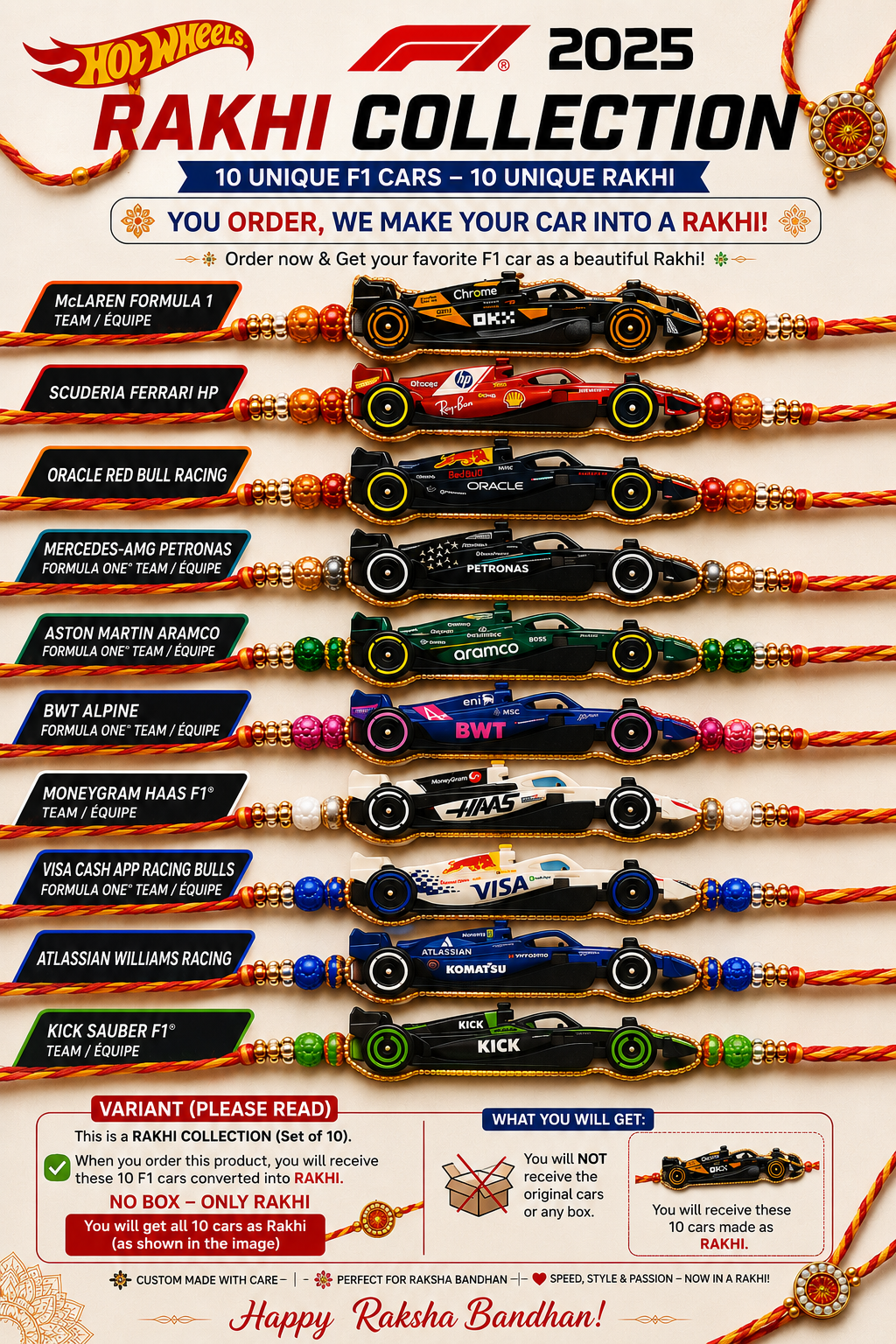 Hotwheels Formula 1 Rakhi – 2024 & 2025 Collection | 5 Cars / 10 Cars Pack | Select Your Variant