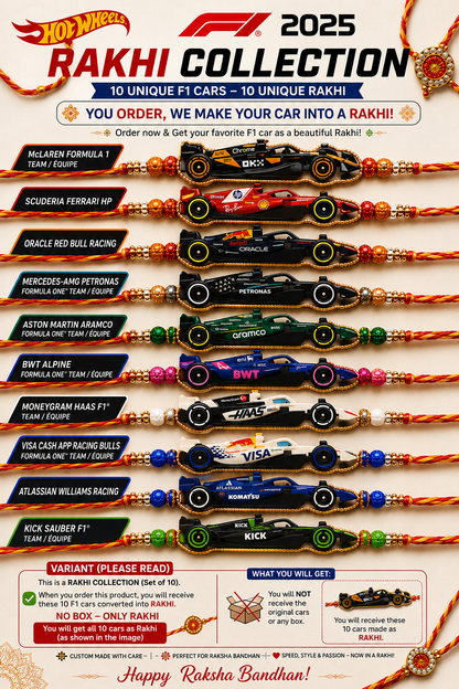 Hotwheels Formula 1 Rakhi – 2024 & 2025 Collection | 5 Cars / 10 Cars Pack | Select Your Variant