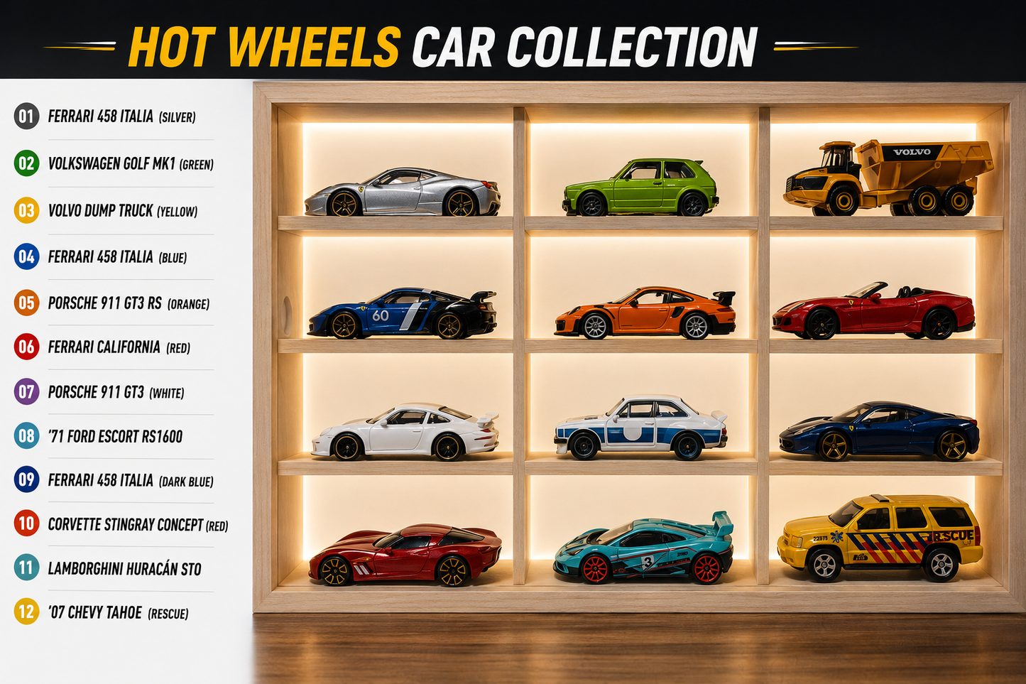 LED Acrylic Storage Case with for 12 Diecast Cars | 32x19x6 cm | 12 Cars Included | Dustproof Compartment Showcase wooden storage case