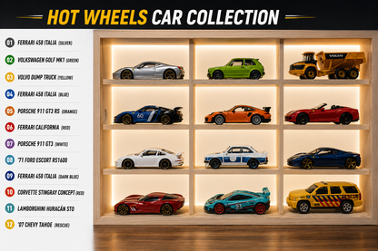 LED Acrylic Storage Case with for 12 Diecast Cars | 32x19x6 cm | 12 Cars Included | Dustproof Compartment Showcase wooden storage case
