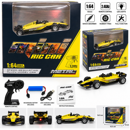 Metal 1:64 Scale RC Racing Car – Metal Alloy Body | 2.4GHz Remote Control | Speed-Regulating Model Car (Yellow/Blue/White)HG4-513