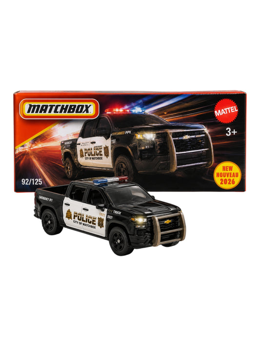 Matchbox Mainline 2024 Chevrolet Silverado PPV Truck 1:64 Scale Diecast Model Vehicle – Police Edition Collectible Toy Car