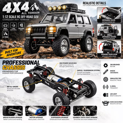 Hobby Grade RC Crawler Off-Road Truck with 2.4GHz Remote, LED Lights & Rechargeable Battery 1:12 Scale Remote Control Truck