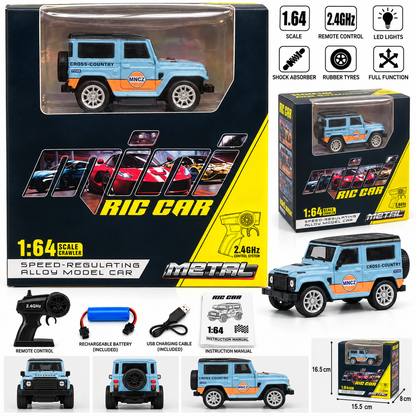 Metal 1:64 Scale RC Car – Metal Alloy Body | 2.4GHz Remote Control | Type-C Rechargeable | Speed-Regulating Model Car