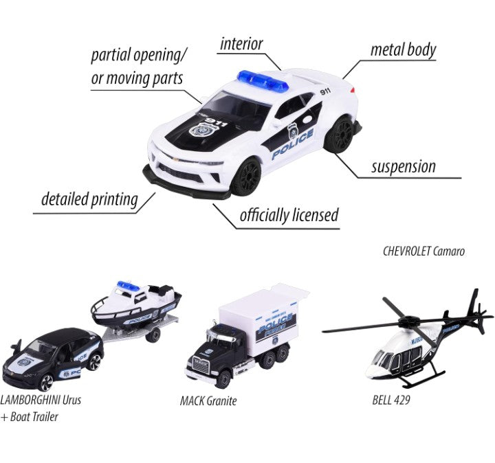 Majorette Police Force Gif pack – 5-Piece Die-Cast Vehicle Set | Chevrolet Camaro, Mack Granite, Bell 429 Helicopter, Lamborghini Urus with Boat Trailer & Police Car | Die-Cast Collection 1:64 Scale