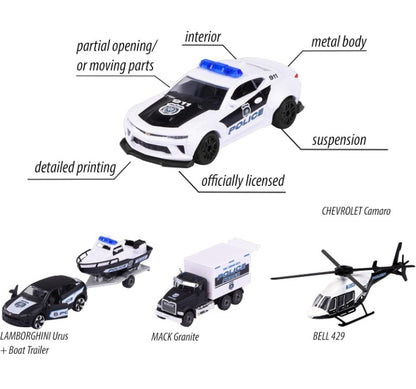 Majorette Police Force Gif pack – 5-Piece Die-Cast Vehicle Set | Chevrolet Camaro, Mack Granite, Bell 429 Helicopter, Lamborghini Urus with Boat Trailer & Police Car | Die-Cast Collection 1:64 Scale