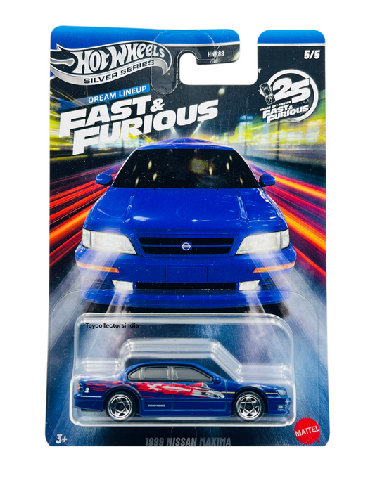 HotWheels Silver Series Fast And Furious 1999 Nissan Maxima Imported Card Art 1:64 Scale HNR88