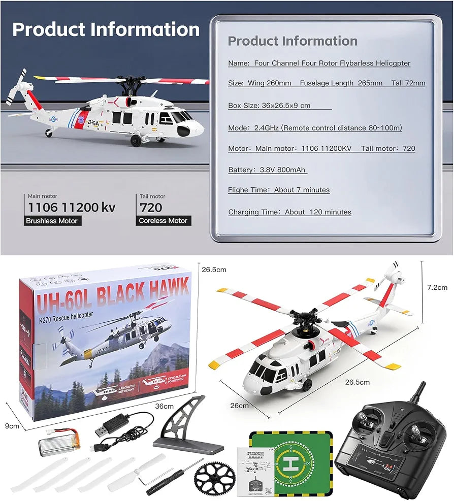Aircraft UH-60L Black Hawk K270 Rescue Helicopter ( RC ) 2.4GHz remote control automatic height stabilization Rechargeable Battery USB Charging Cable 1:32 Scale ( K270 )