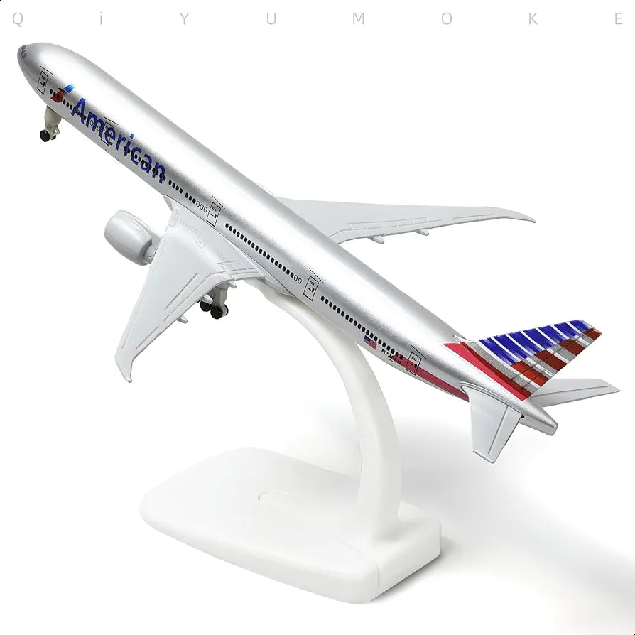 Aircraft 'American B-777 Diecast Airplane Model Boeing 777 (7.5-inch L) 20cm" Scale (No.321) Display Stand With Landing Wheels