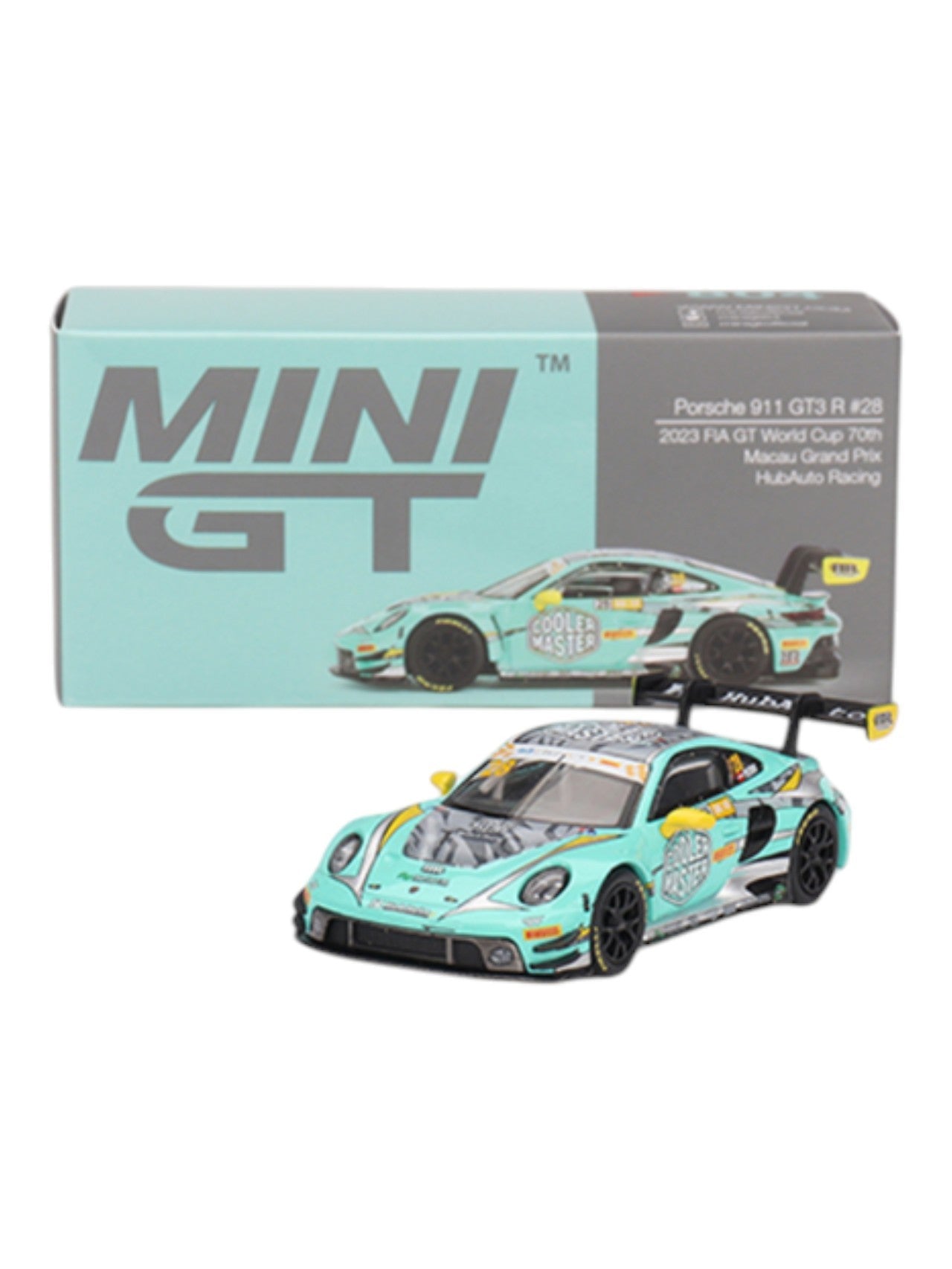 Mini GT #804: Porsche 911 GT3 R #28 HubAuto Racing 2023 FIA GT World Cup 70th Macau Grand Prix 1:64 Scale