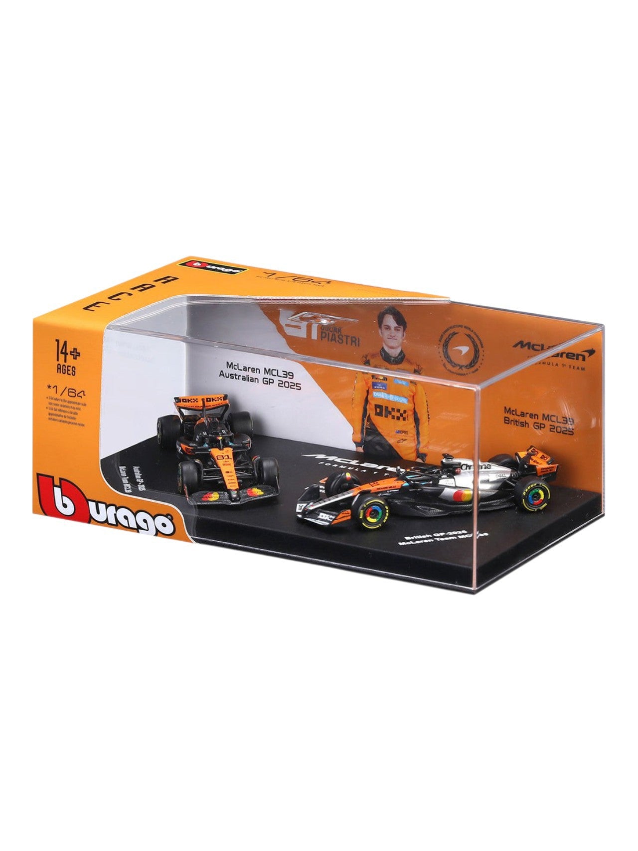 Bburago (18-58019P) Mclaren Formula 1 Team No.81 Oscar Plastri Australian Gp-2025 / British Gp-2025 Mclaren MCL39 Diecast Model Acrylic Protecter 1:64 Scale