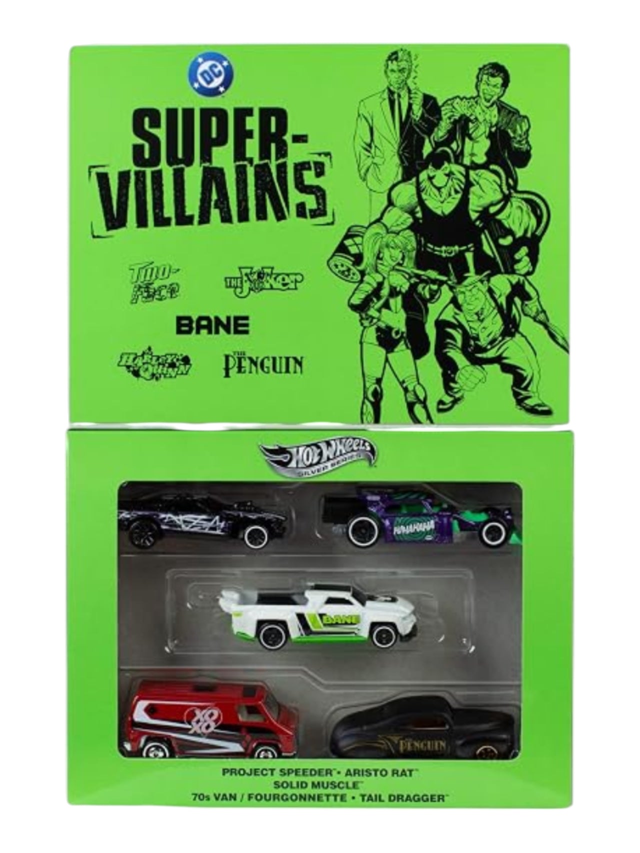 Hotwheels Premium DC Super-Villains 5-Pack Diecast Car Set | Joker, Bane, Harley Quinn, Penguin & Two-Face 1:64 Scale