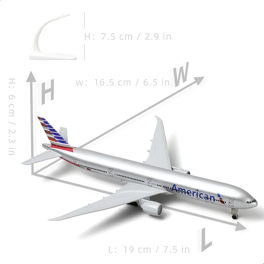 Aircraft 'American B-777 Diecast Airplane Model Boeing 777 (7.5-inch L) 20cm" Scale (No.321) Display Stand With Landing Wheels
