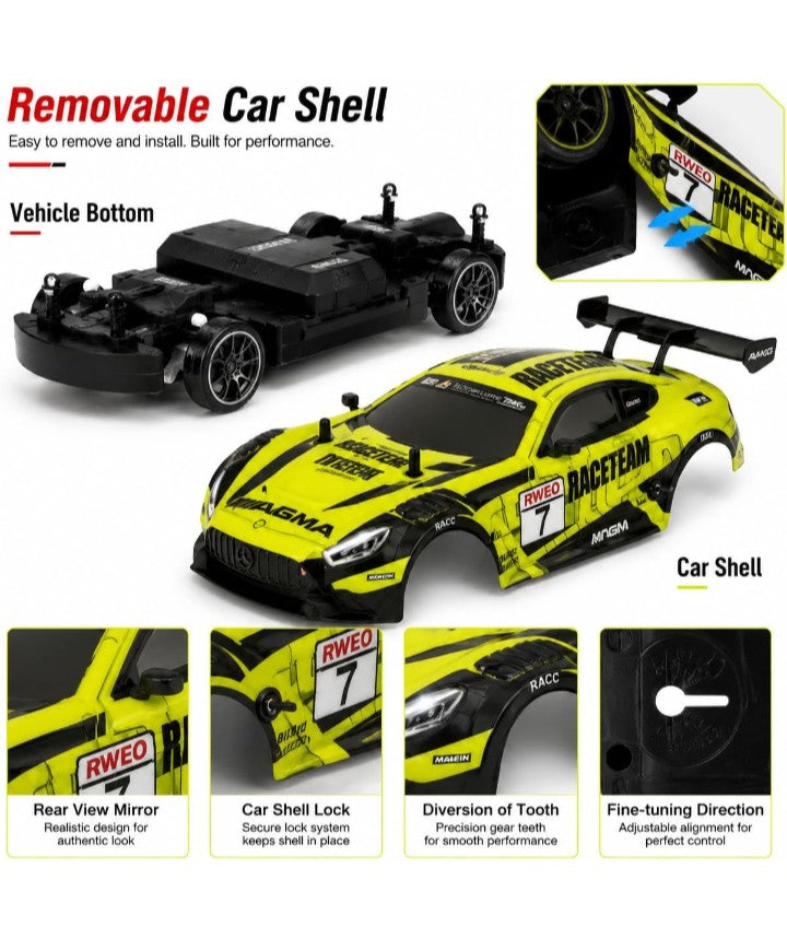 Drift Sports Car RC| 4WD High-Speed Drifting Car with LED Lights, 2.4GHz Remote Control & Interchangeable Drift Wheels Professional Chassis Steering/ Throttle ESP System 1:16 Scale a top speed of around 25 to 30 KM/H
