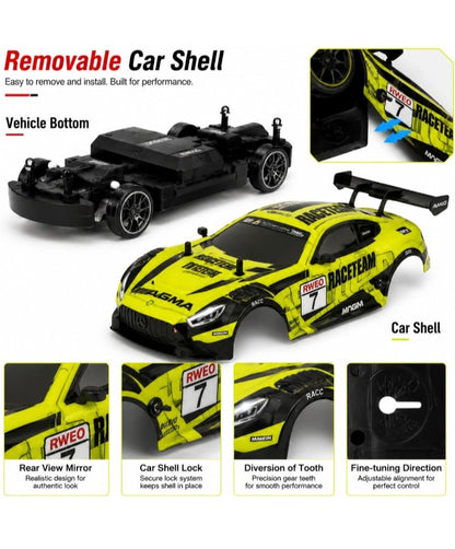 Drift Sports Car RC| 4WD High-Speed Drifting Car with LED Lights, 2.4GHz Remote Control & Interchangeable Drift Wheels Professional Chassis Steering/ Throttle ESP System 1:16 Scale a top speed of around 25 to 30 KM/H