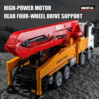 Huina Toys 1381 RC Backhoe Loader Concrete Pump Truck 11 Function Realistic water spray pumping system Rechargeable battery with USB charging Remote control 1:18 Scale