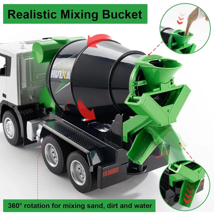 Huina Toys 657 Engineering Remote Control Truck Mixer 9 Channel Including, 2.4Ghz , 3.7 V Battery, With Chargeable 1:18 Scale Flashing LED Working Lights High-Quality Alloy Metal & ABS Construction