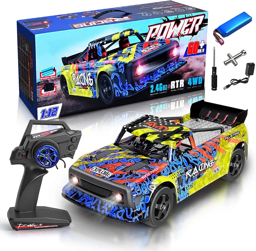 Power Drift RC Car 2.4 Ghz Remote Control, RTR 4WD, Lghit Effect When Braking Alloy Gear Adjustable Metal Hydraulic Shock Absorber 1:12 Scale Remote Control Rechargeable