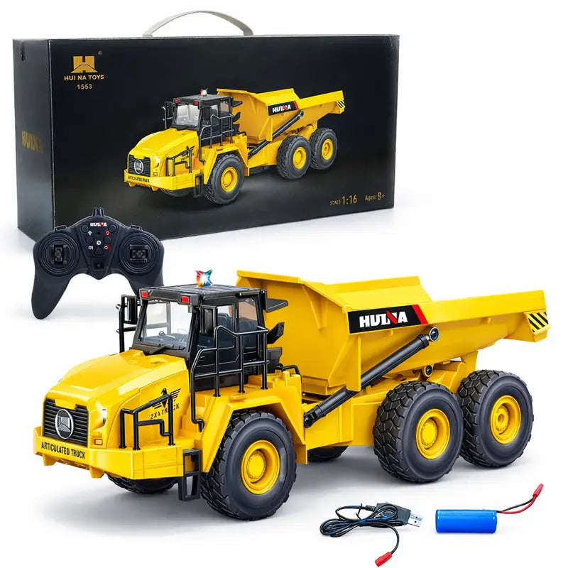 Huina Toys 1553 Remote Control Truck RC Dump Truck With 11 Functions 3.7V 900mAh (Rechargeable) Bettery Remote Power 2 x AA batteries (not included) 1:16 Scale Control Distance: 20–30 meters