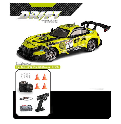 Drift Sports Car RC| 4WD High-Speed Drifting Car with LED Lights, 2.4GHz Remote Control & Interchangeable Drift Wheels Professional Chassis Steering/ Throttle ESP System 1:16 Scale a top speed of around 25 to 30 KM/H