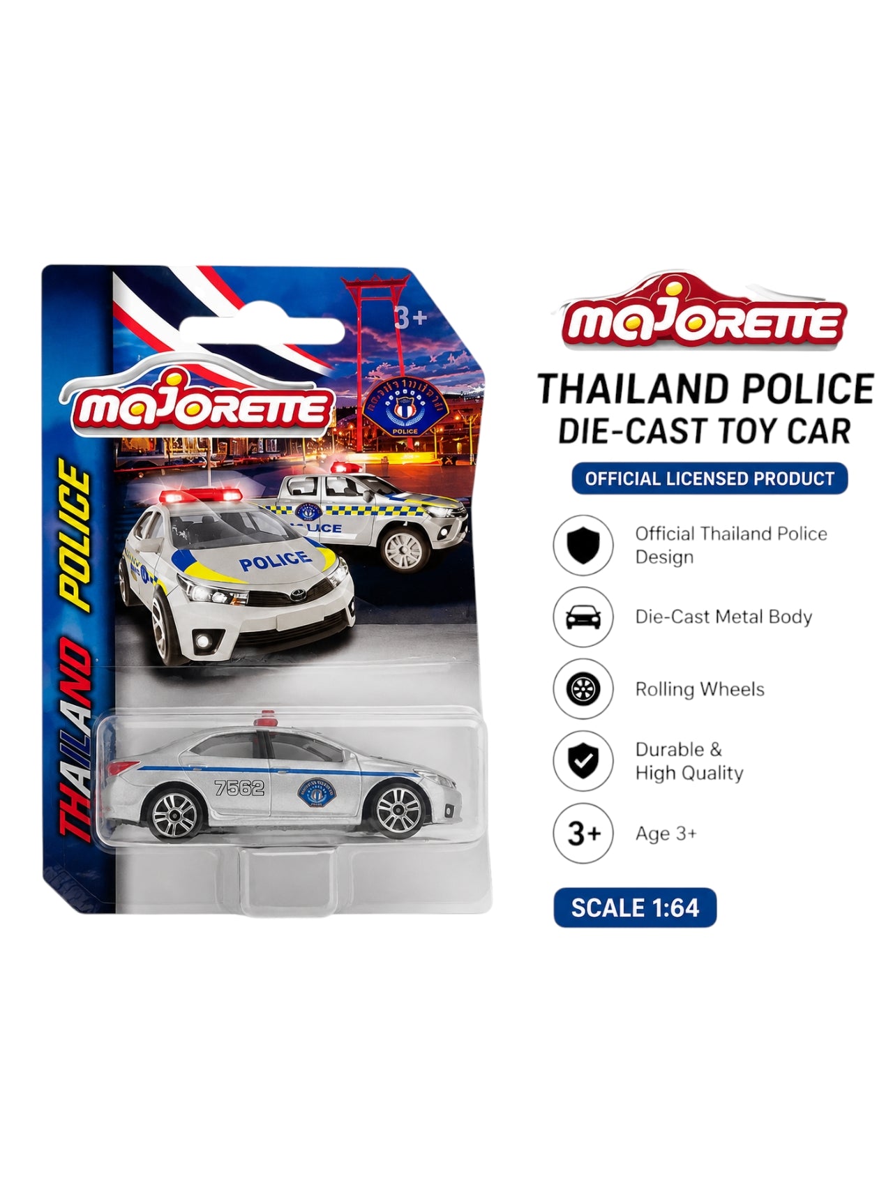 Majorette Thailand Police Car Diecast Model Vehicle | White Police Sedan Toy Car | Collectible Miniature 3+ Ages 1:64 Scale