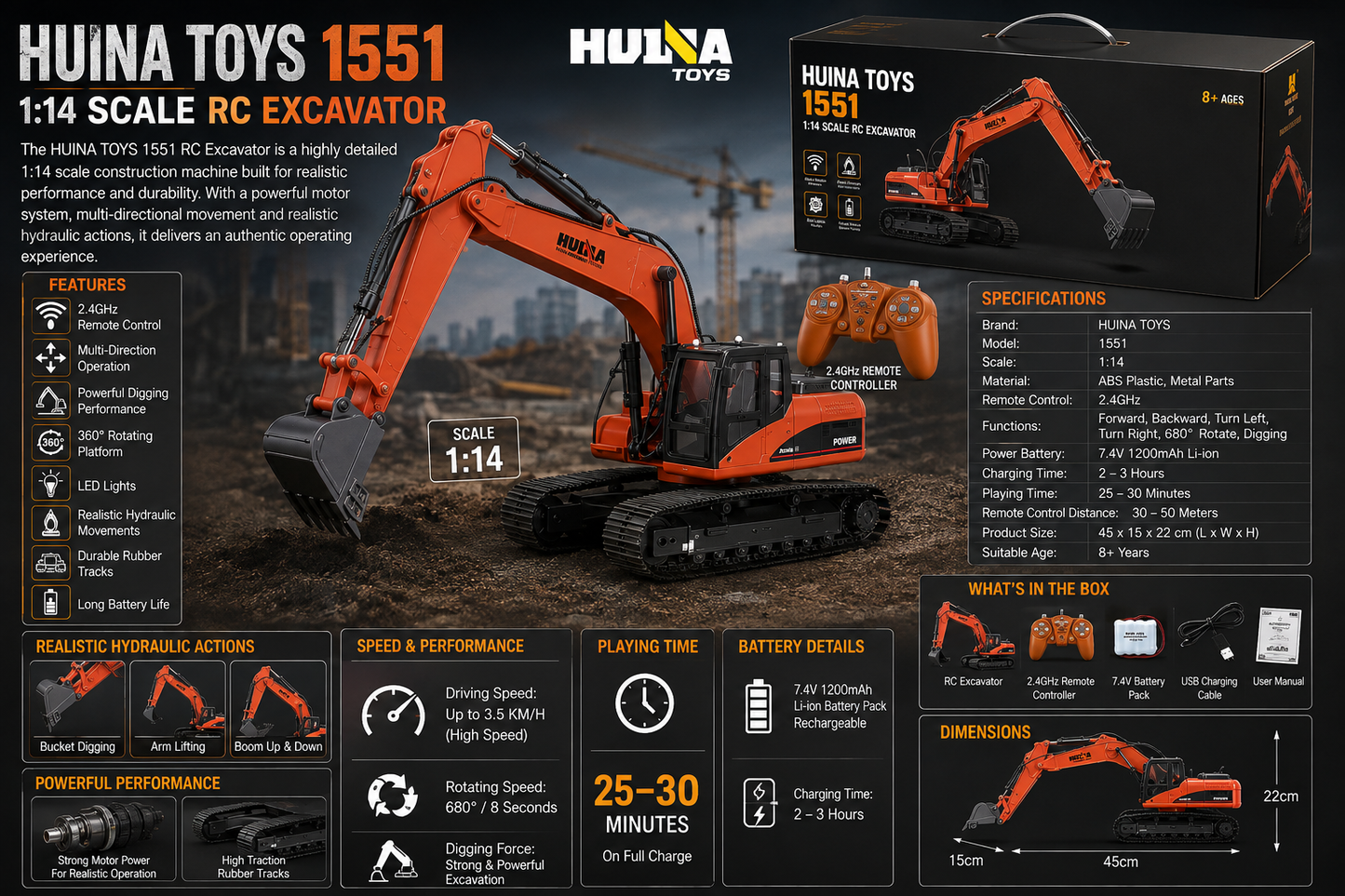 Huina Toys 1551 RC Remote Control Excavator With 15 Functions USB Charging construction machine 360° rotating body 7.4V rechargeable battery Playing Time: Approx. 25–30 minutes Charging Time: Approx. 2–3 hours Up to approx. 3.5 km/h 1:14 scale