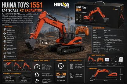 Huina Toys 1551 RC Remote Control Excavator With 15 Functions USB Charging construction machine 360° rotating body 7.4V rechargeable battery Playing Time: Approx. 25–30 minutes Charging Time: Approx. 2–3 hours Up to approx. 3.5 km/h 1:14 scale