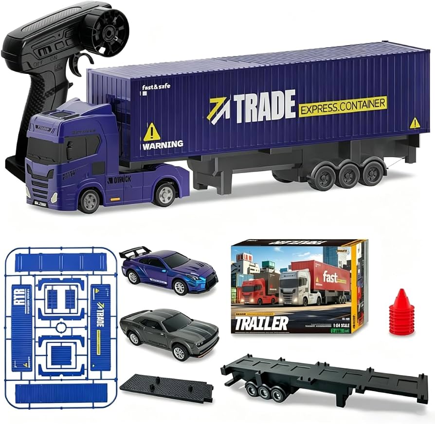 Turbo Speed Trailer Specifications Colours And Contents May Vary From illustrations 2.4 GHz Full-Scale Remote Control: Equipped with a 2.4 GHz wireless remote control system, it provides a stable, lag-free control range of up to 30 meters 1:64 Scale