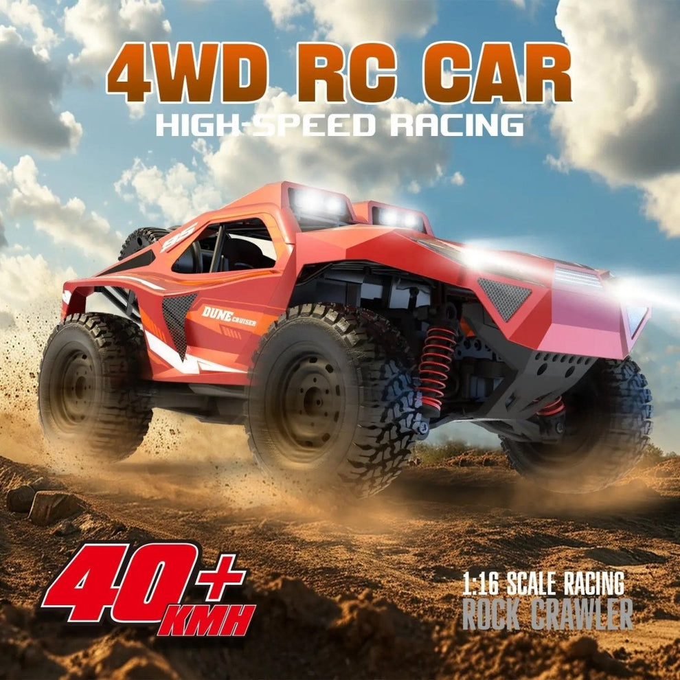 Dune Cruiser Racing 1:16 Scale 4WD High-Speed Off-Road RC Rock Crawler Buggy (40+ KM/H, 2.4GHz) Battery: 7.4V Rechargeable Li-ion / Li-Po Battery (USB Fast Charging Cable included) Color: Matte Crimson Red with Black & White Racing Graphics