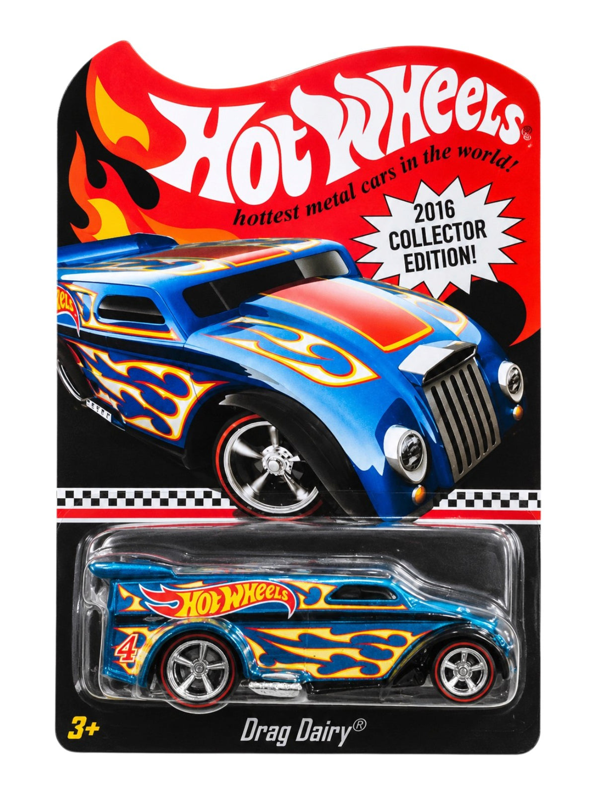 Hotwheels 2016 Collector Edition "Drag Dairy® Die-Cast Car |Premium RLC Vintage Blue Flame Design 1:64 Scale DJH59-D910