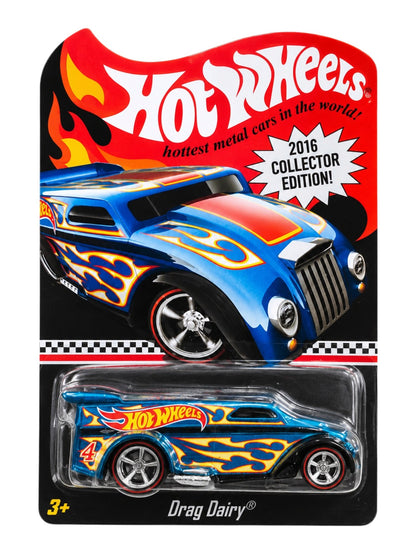 Hotwheels 2016 Collector Edition "Drag Dairy® Die-Cast Car |Premium RLC Vintage Blue Flame Design 1:64 Scale DJH59-D910