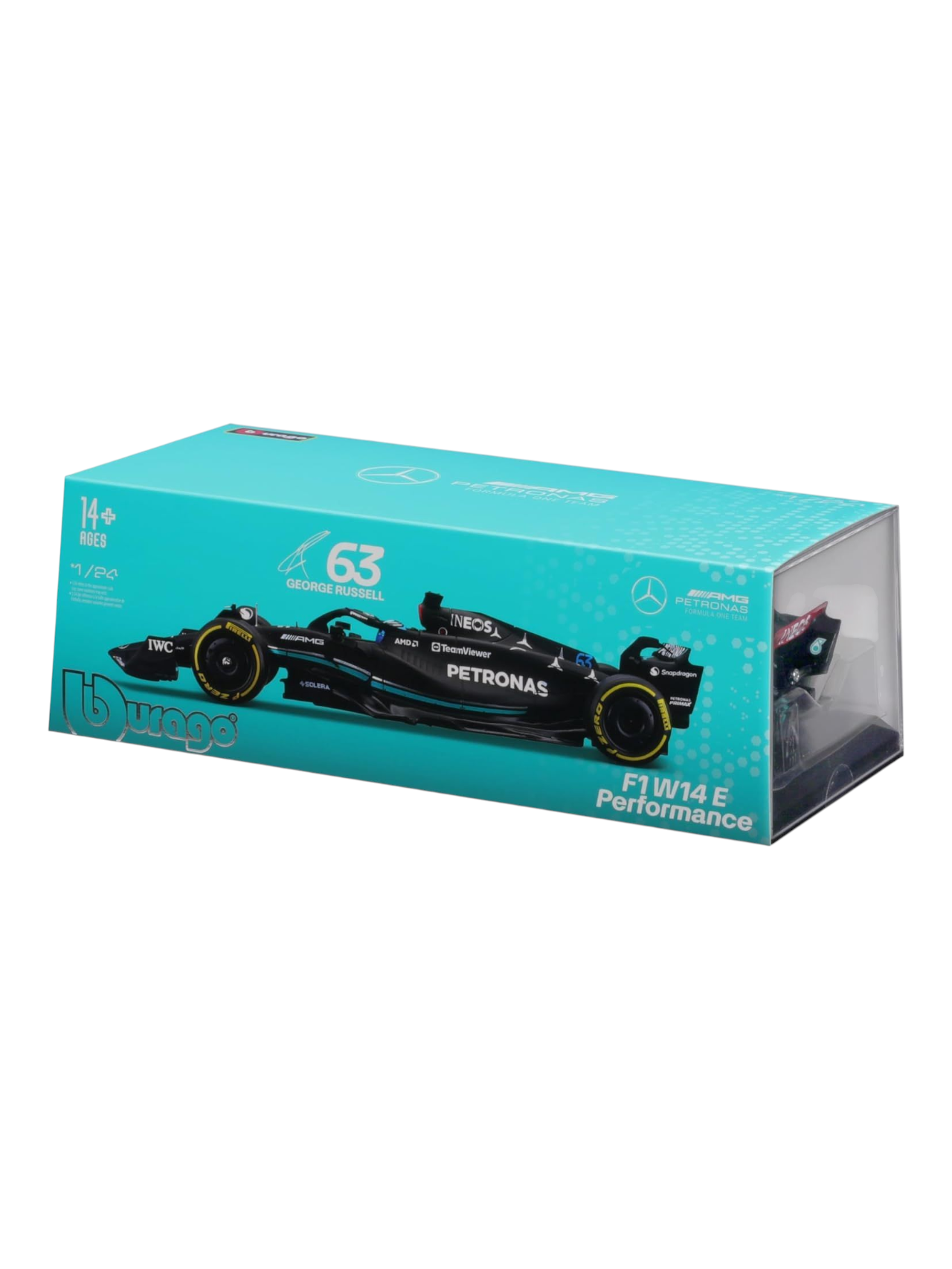 Bburago Formula 1 (F1) AMG Petronas F1 W14 E Performance #63 George Russell Diecast 1:24 Scale (With Acrylic Case)