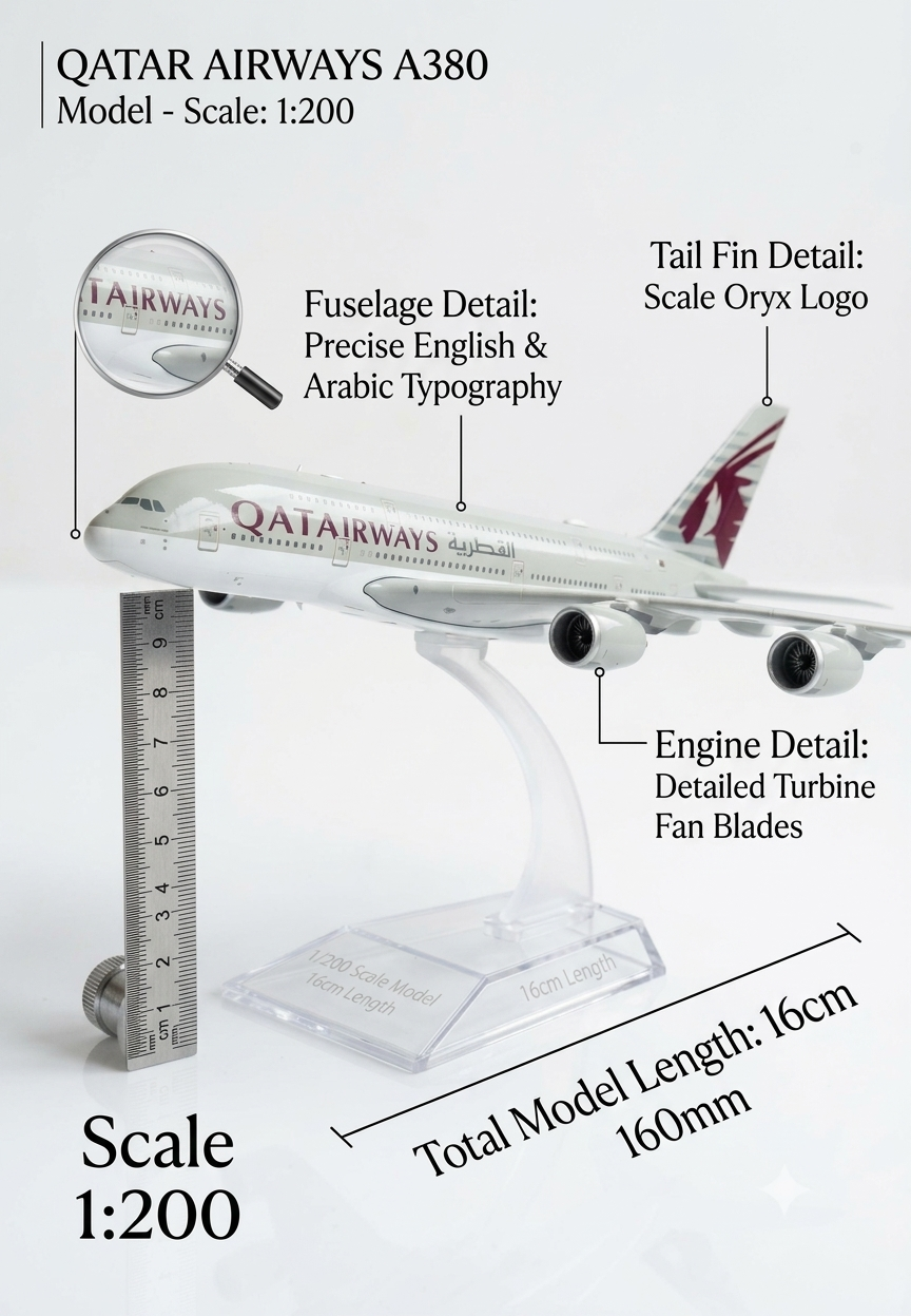 Aircraft Model Qatar Airways Airbus A380 Diecast metal 16cm, With Display Stand Airplane Model