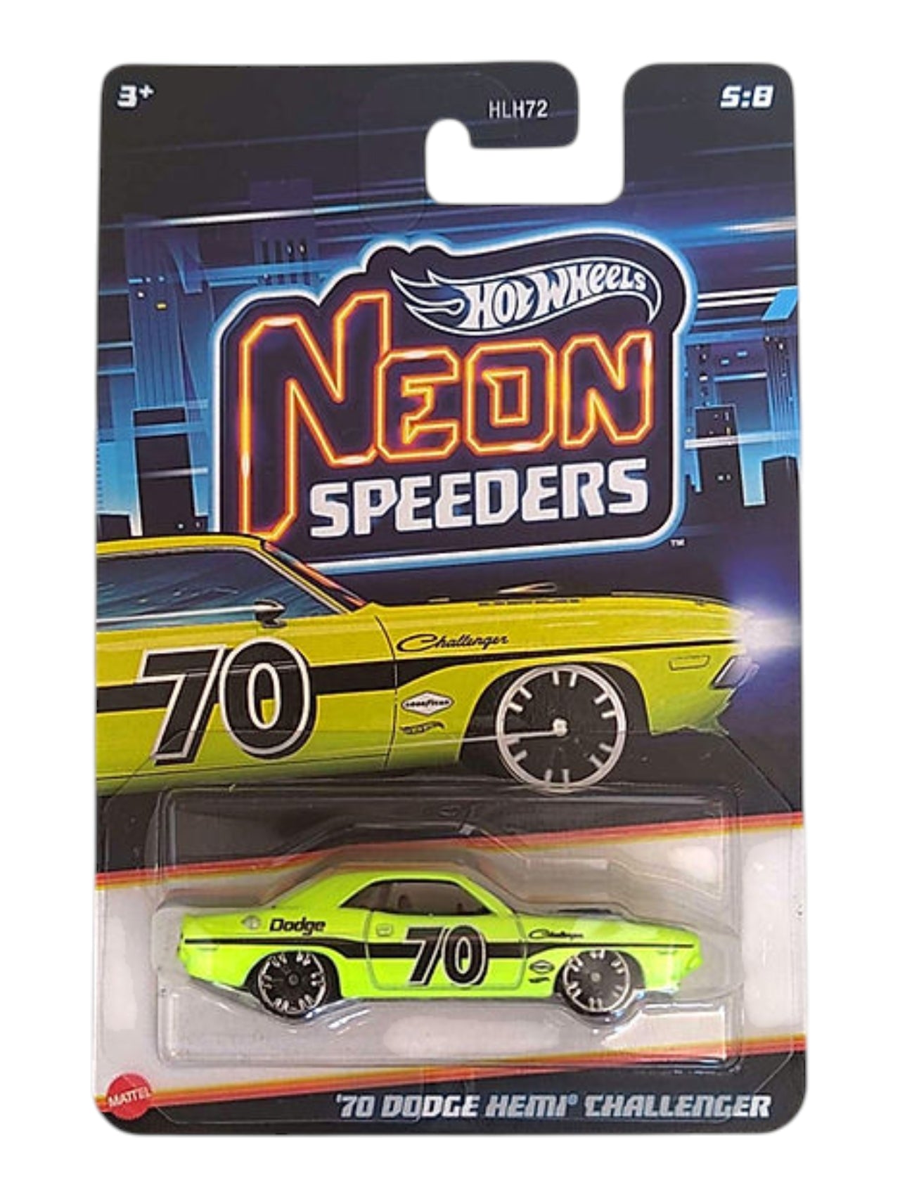Hotwheels Mainline "70 Dodge HEMI Challenger" Card Art Neon Speeders | 1:64 Scale Diecast Model Car