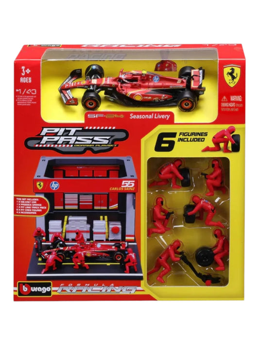 Bburago 2024 formula 1 (f1) pit pass Carlos sainz no 55 1:43 scale (6 figurines included)
