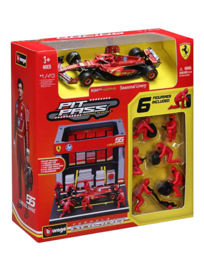Bburago 2024 formula 1 (f1) pit pass Carlos sainz no 55 1:43 scale (6 figurines included)