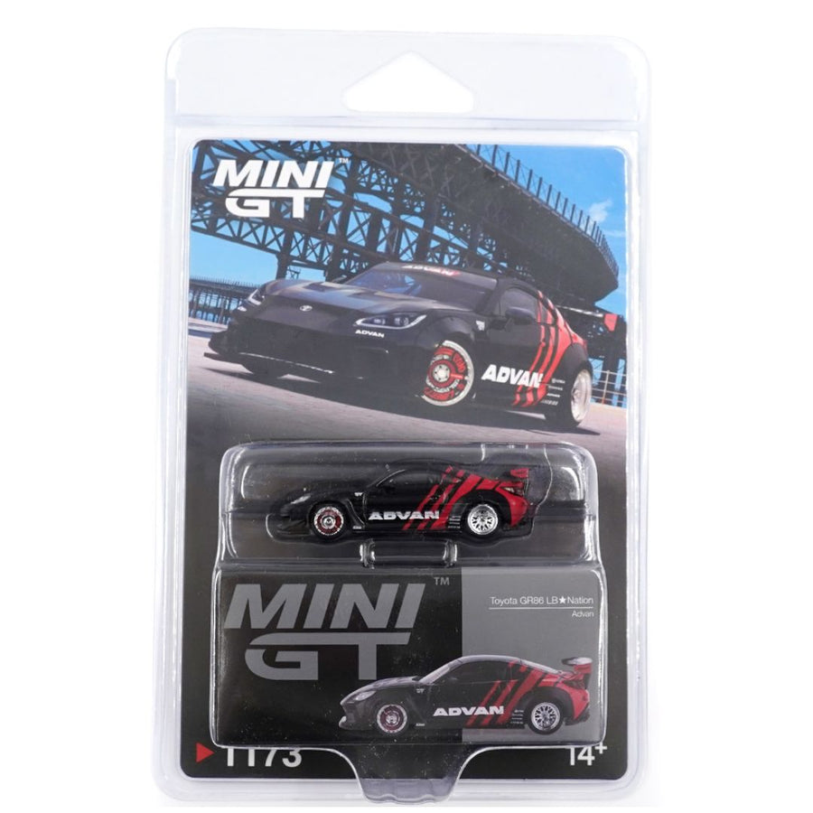 Mini GT #1173: Toyota GR86 LB★Nation Advan Imported 1:64 Scale die-cast Model Box and Blister