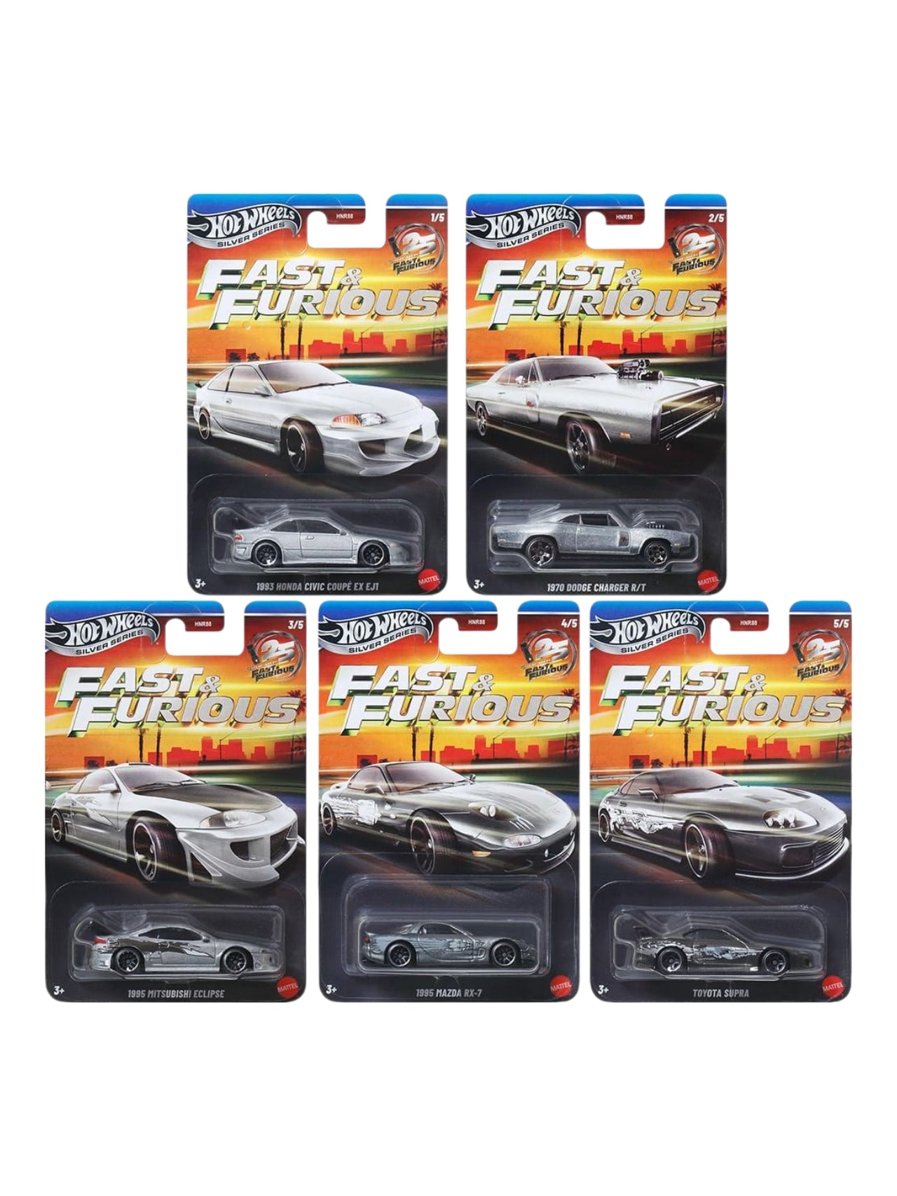 HotWheels Silver Series Fast And Furious 1993 Honda Civic Coupe Ex Ej 1 / 1970 Dodge Charger R/T / 1995 Mitsubishi Eclipse / 1995 Mazda Rx-7 / Toyota Supra Set Of 5 / Set Of 10 1:64 Scale