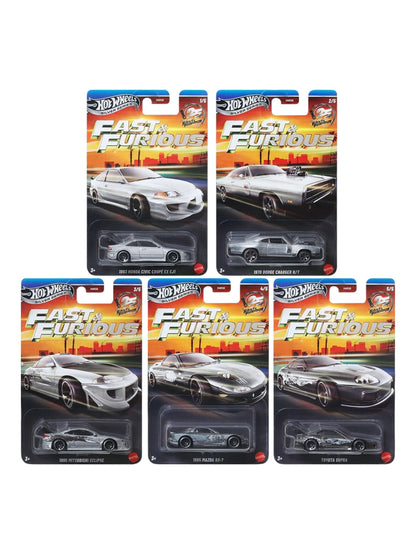 HotWheels Silver Series Fast And Furious 1993 Honda Civic Coupe Ex Ej 1 / 1970 Dodge Charger R/T / 1995 Mitsubishi Eclipse / 1995 Mazda Rx-7 / Toyota Supra Set Of 5 / Set Of 10 1:64 Scale
