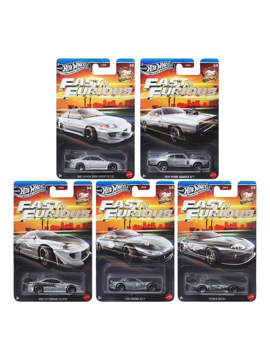 HotWheels fast and Furious  Silver Series  1993 Honda Civic Coupe Ex Ej 1 / 1970 Dodge Charger R/T / 1995 Mitsubishi Eclipse / 1995 Mazda Rx-7 / Toyota Supra Set Of 5 / Set Of 10 1:64 Scale mainline card art