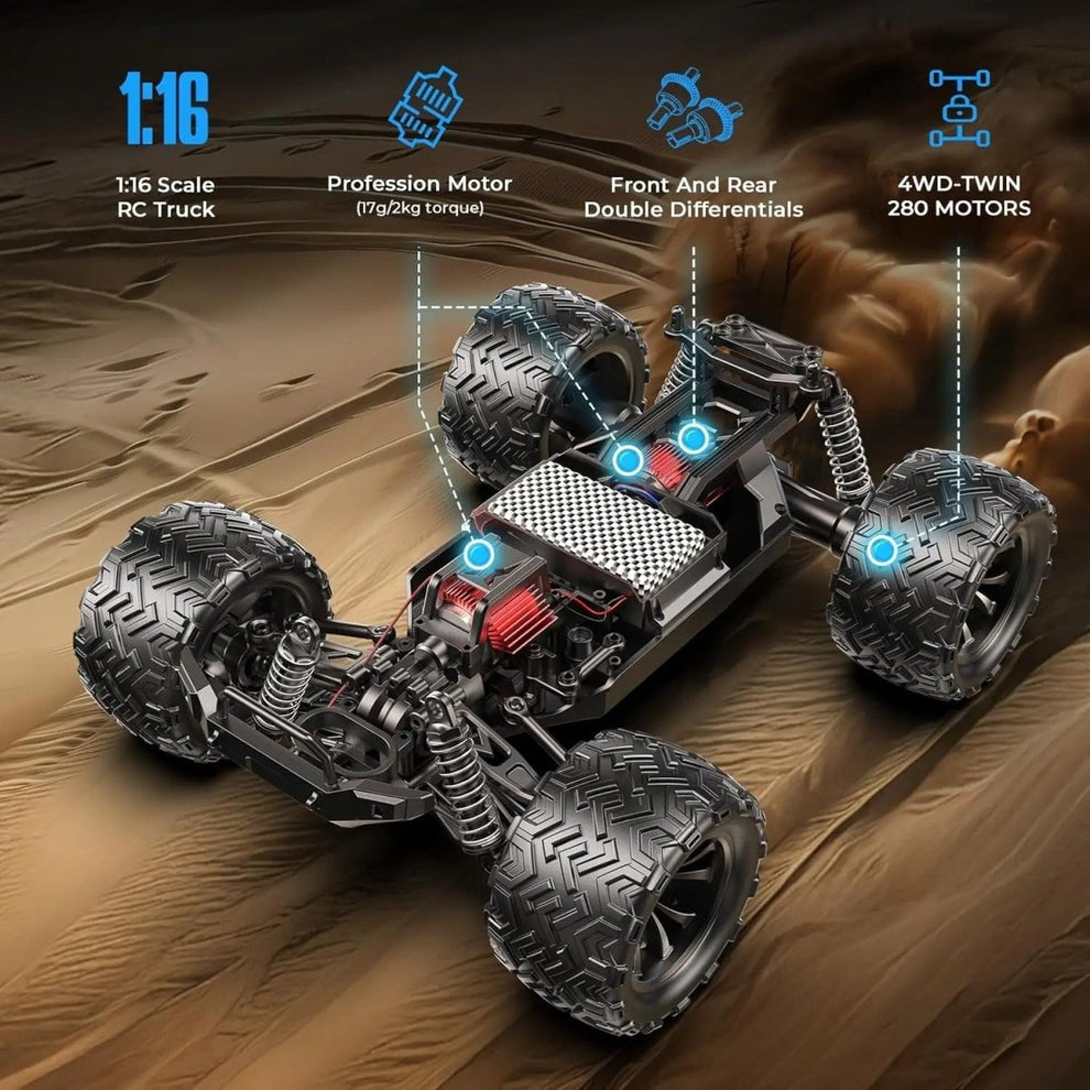 Dune Cruiser Racing 1:16 Scale 4WD High-Speed Off-Road RC Rock Crawler Buggy (40+ KM/H, 2.4GHz) Battery: 7.4V Rechargeable Li-ion / Li-Po Battery (USB Fast Charging Cable included) Color: Matte Crimson Red with Black & White Racing Graphics