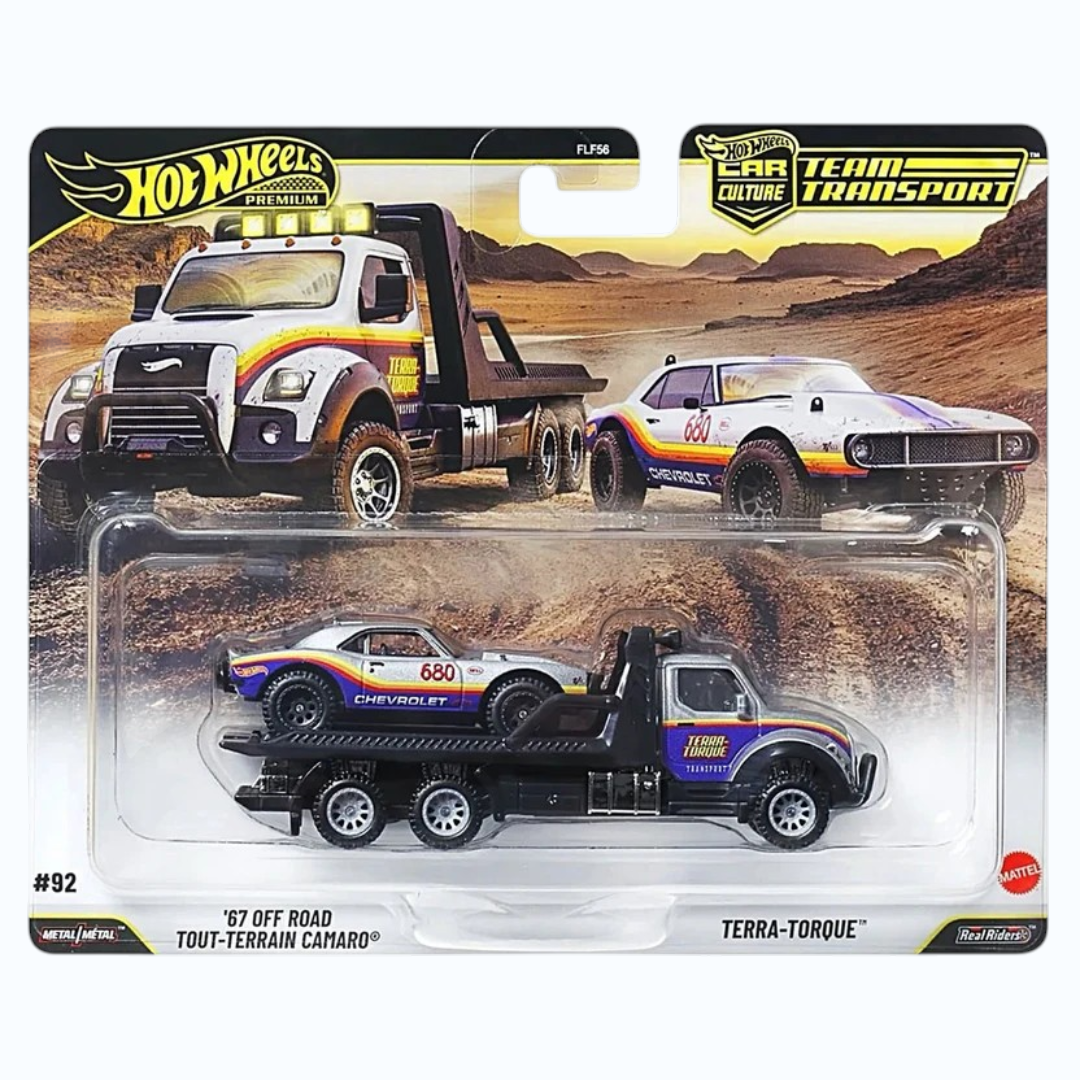 HotWheels '67 Off Road Tout-Terrain Camaro, Terra - Torque Team Transport  1:64 Scale