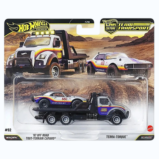 HotWheels '67 Off Road Tout-Terrain Camaro, Terra - Torque Team Transport  1:64 Scale