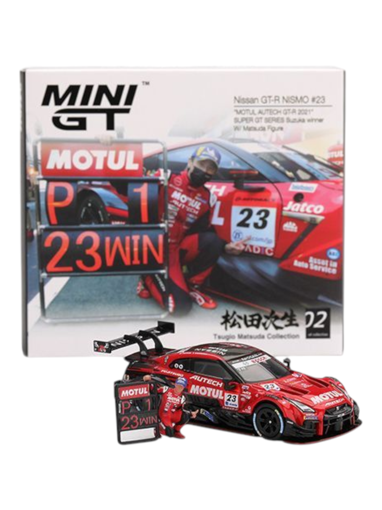 Mini GT Nissan GT-R Nismo #23 ("Motul Autech GT-R 2021" Super GT Series Suzuka Winner W/ Matsuda Figure) 1:64 Scale