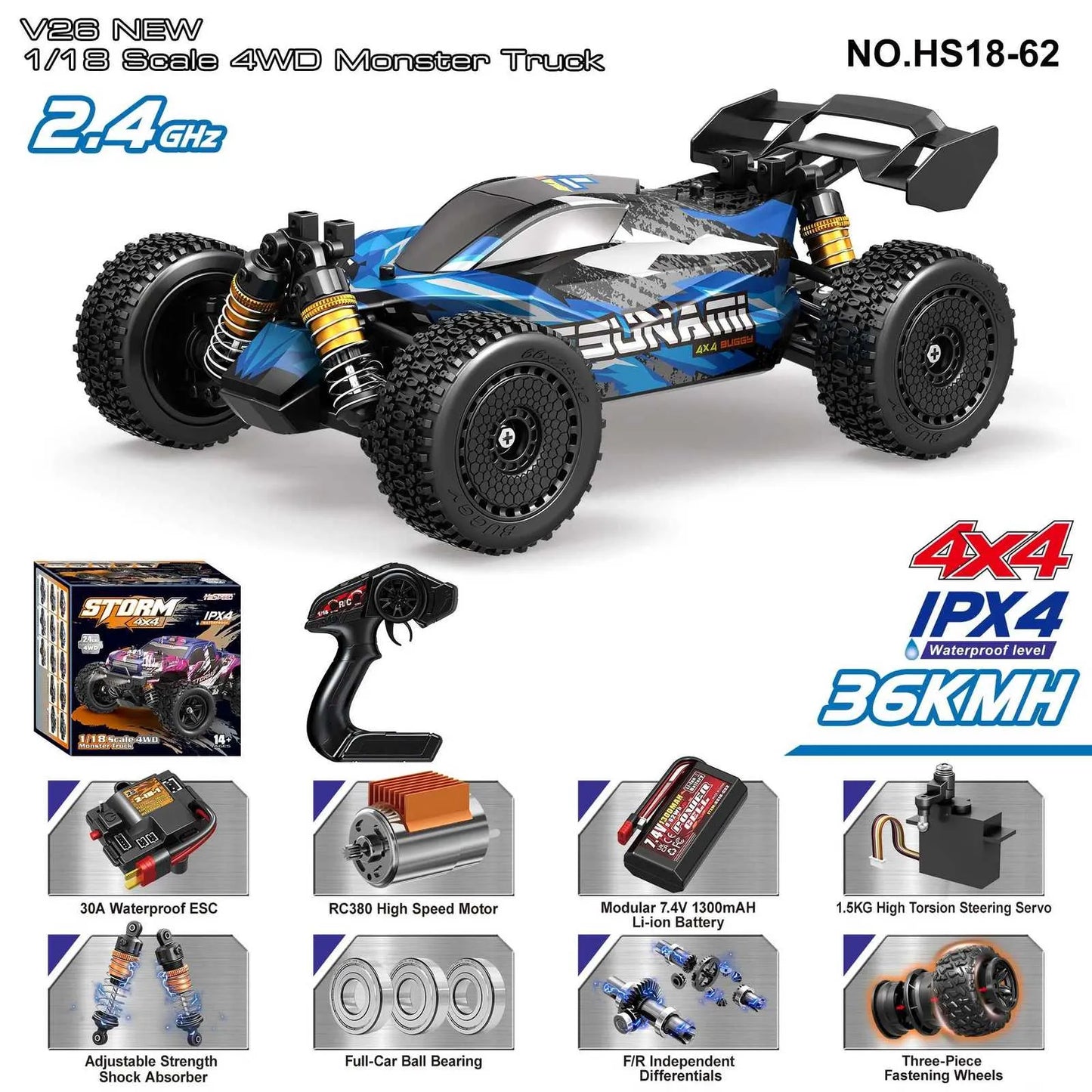 HOSPEED Storm 4x4 Scale 1:18 Remote Control Toy Brush Car 2.4GHz 4WD Electric High Speed 36KM/H RC Monster Truck | Code: HS18-62