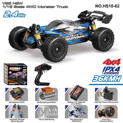 HOSPEED Storm 4x4 Scale 1:18 Remote Control Toy Brush Car 2.4GHz 4WD Electric High Speed 36KM/H RC Monster Truck | Code: HS18-62