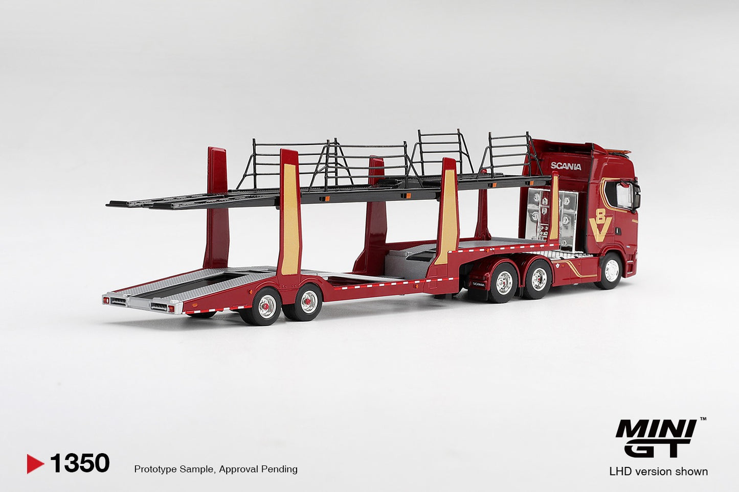 Mini GT PRE-ORDER ( Dec End-2026 ) SCANIA 770S A6X4NA CAR TRANSPORTER V8 50TH ANNIVERSARY WITH CAR TRANSPORTER RED 1:64