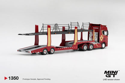 Mini GT PRE-ORDER ( Dec End-2026 ) SCANIA 770S A6X4NA CAR TRANSPORTER V8 50TH ANNIVERSARY WITH CAR TRANSPORTER RED 1:64